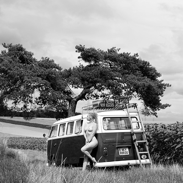 Erotische Aktfotografie mit Roadtrip-Vibes – eine Frau lehnt nackt an einem Vintage-VW-Bus, umgeben von endloser Natur.