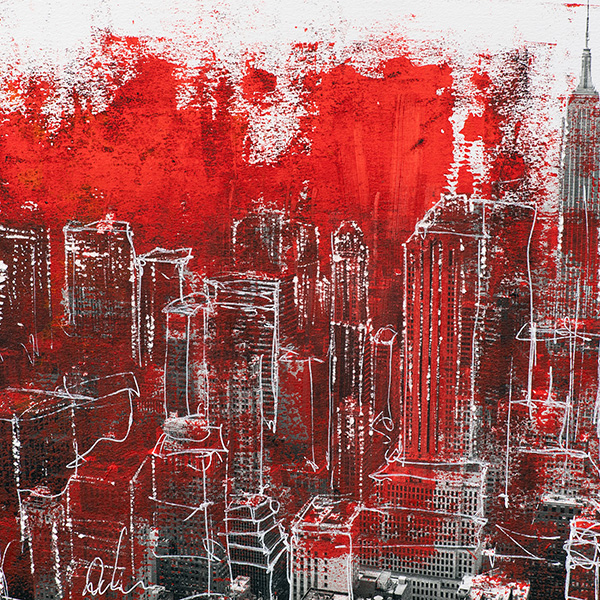 Moderne Collagenkunst mit roter Skyline, Acrylübermalung und urbanen Strukturen auf William Turner FineArt Papier.