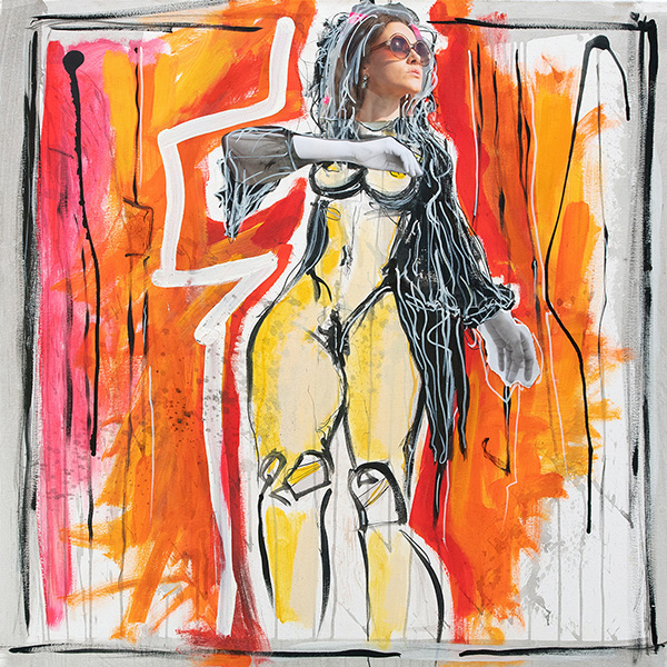 Collage einer Frau in Gelb und Orange, Acryl, Tusche – zeitgenössische Collagenkunst