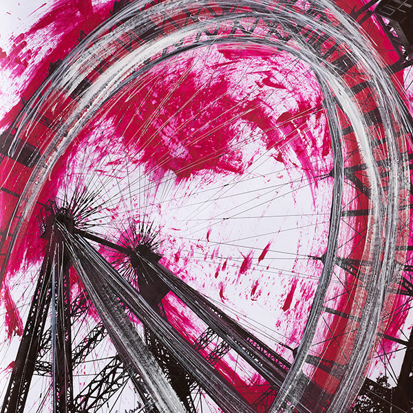 Moderne Collagenkunst mit Wiener Prater-Riesenrad, Acryl und Lackstift auf FineArt Baryta Papier.