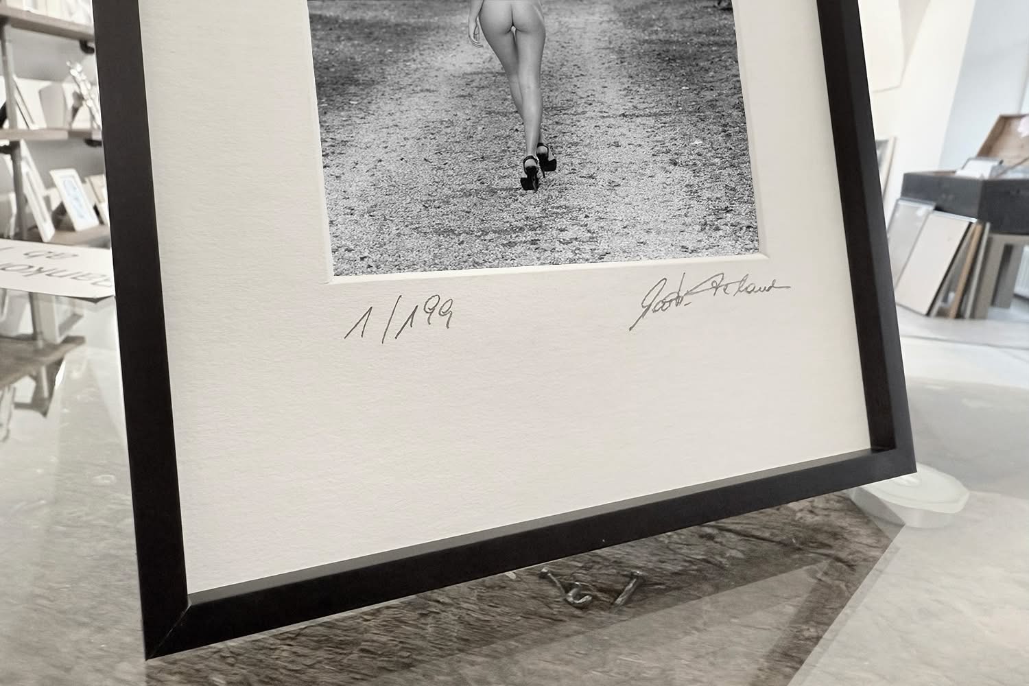 A Walk in the Park – Framed print displayed on a table – Limited-edition fine art nude photography – Mockup 1