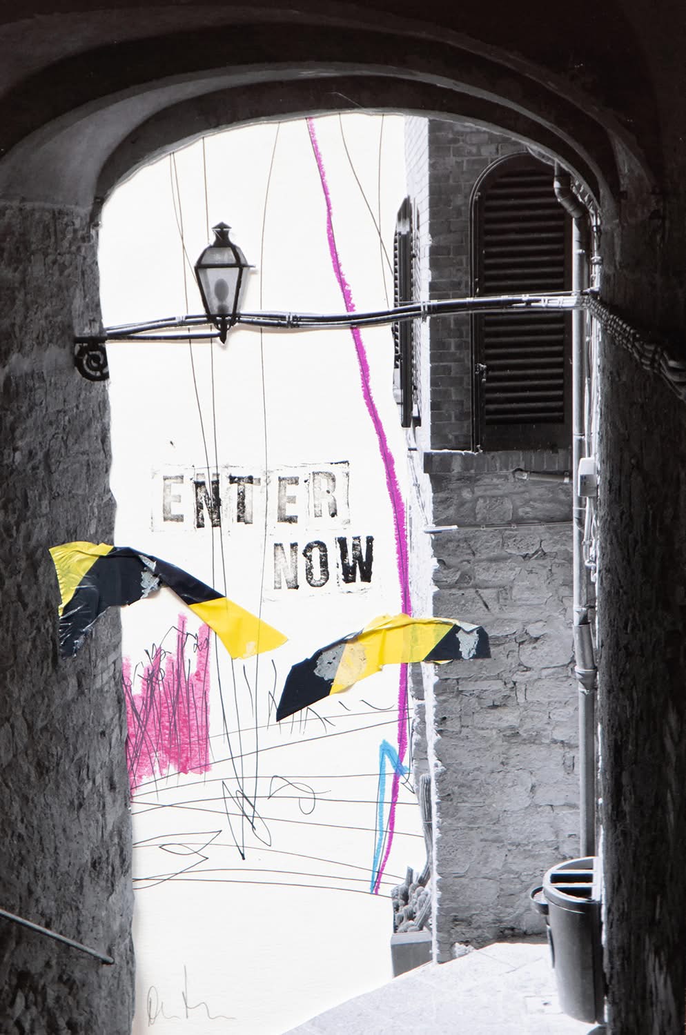 Enter Now – Split Screen one-of-a-kind, contemporary landscape art with tape collage and ink line