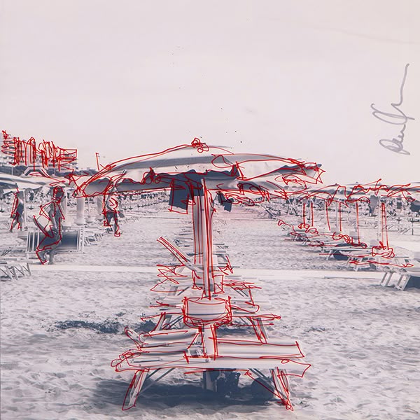 Sunny Days – contemporary landscape art, beach loungers and umbrella with red paint marker overlay on Hahnemühle baryta paper